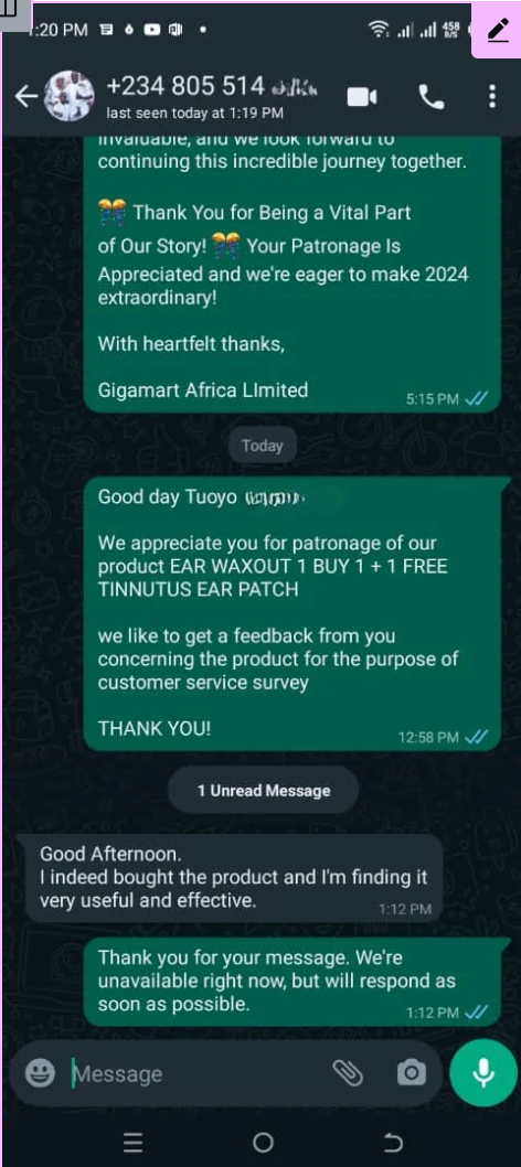 WhatsApp customer proof screenshot